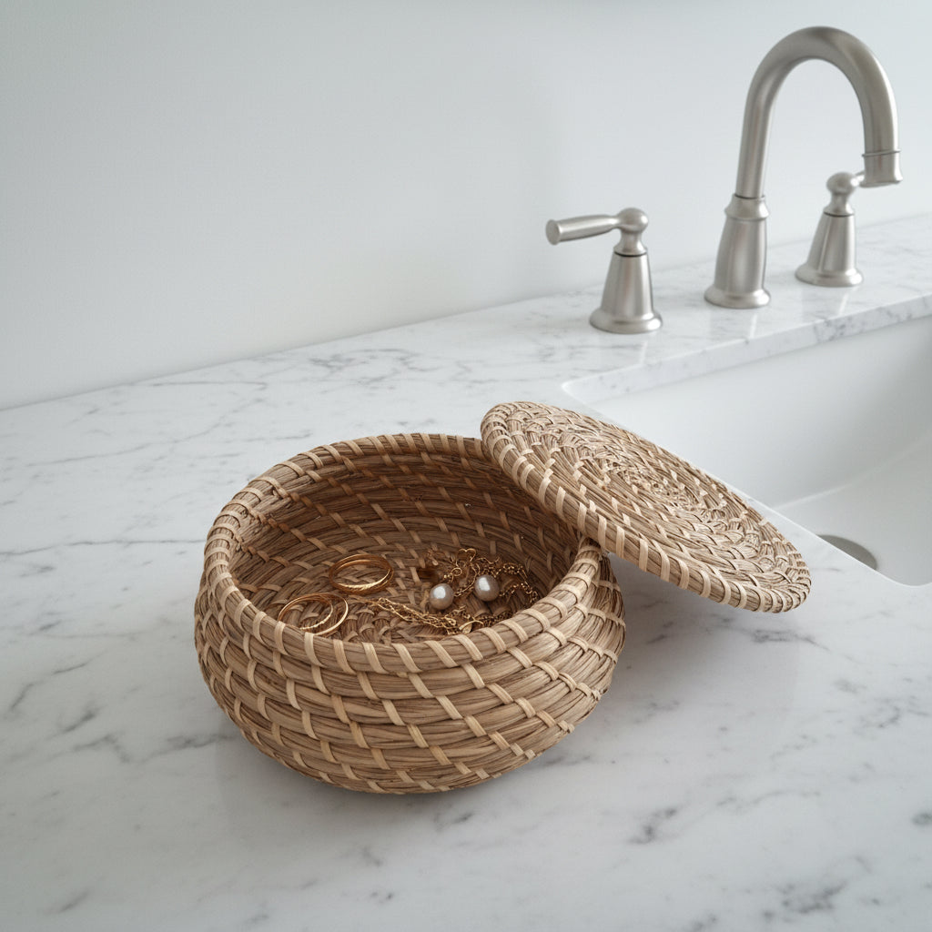 Panier en jonc de mer avec couvercle - Ref 027