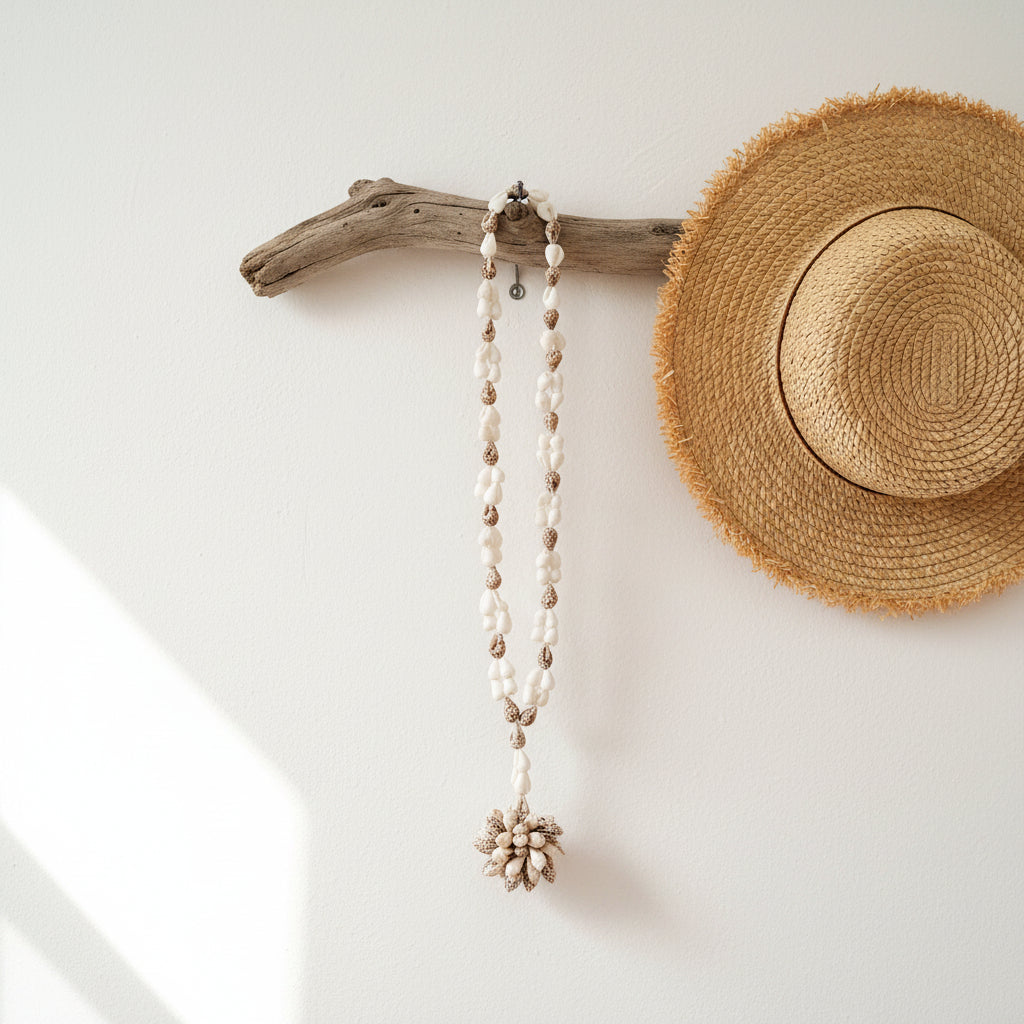 Collier en coquillages accroché à une branche et chapeau de paille 